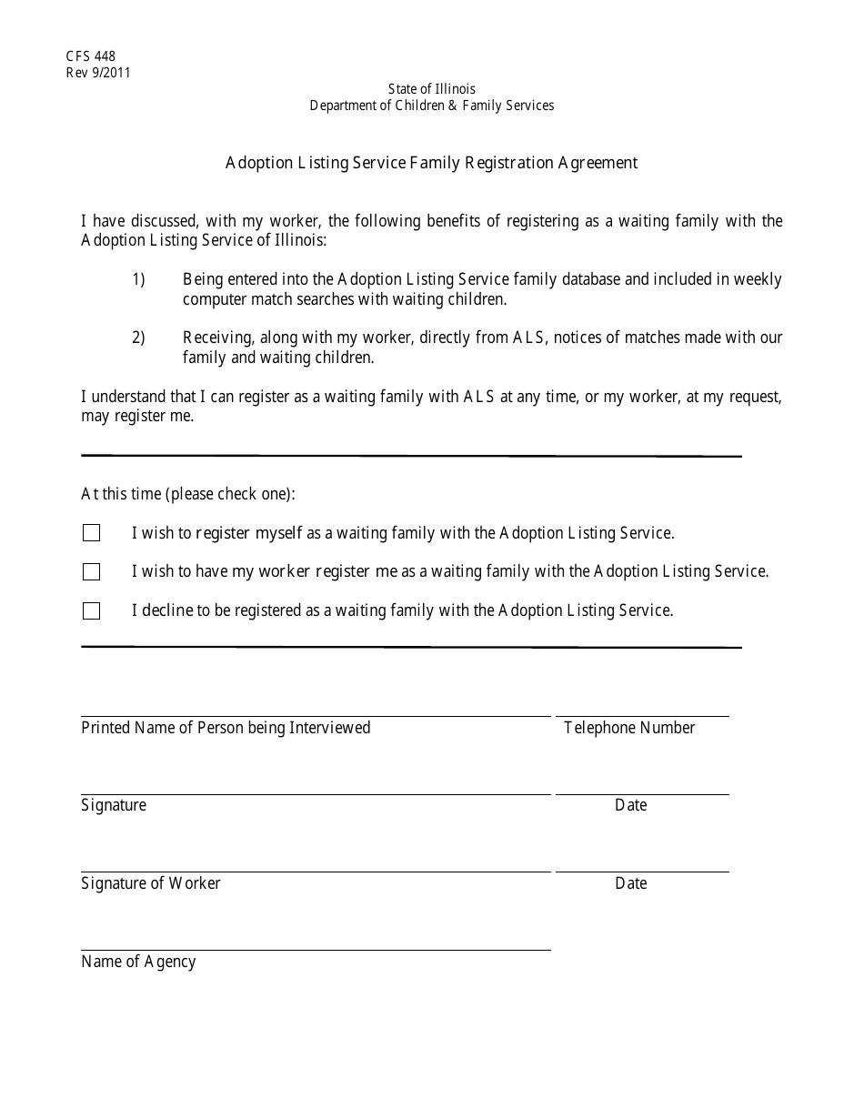 Form CFS448 Adoption Listing Service Family Registration Agreement - Illinois, Page 1