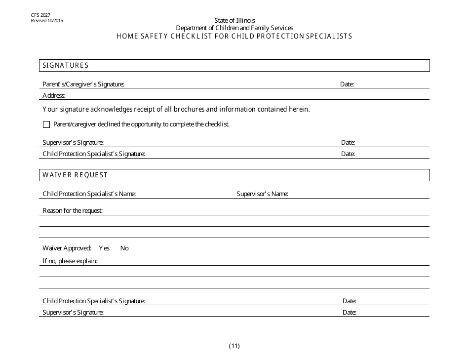 Form CFS2027 Home Safety Checklist for Child Protection Specialists - Illinois, Page 11