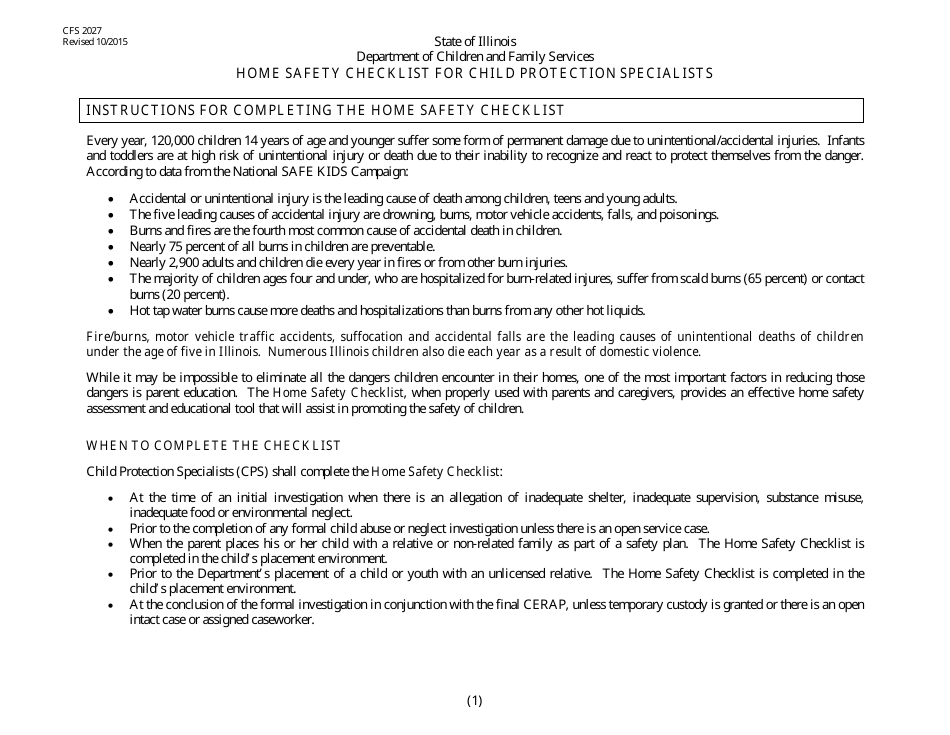 Form CFS2027 Home Safety Checklist for Child Protection Specialists - Illinois, Page 1