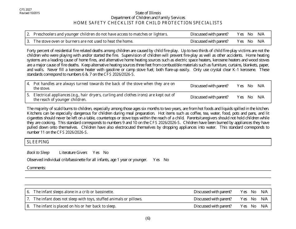Form CFS2027 Home Safety Checklist for Child Protection Specialists - Illinois, Page 6
