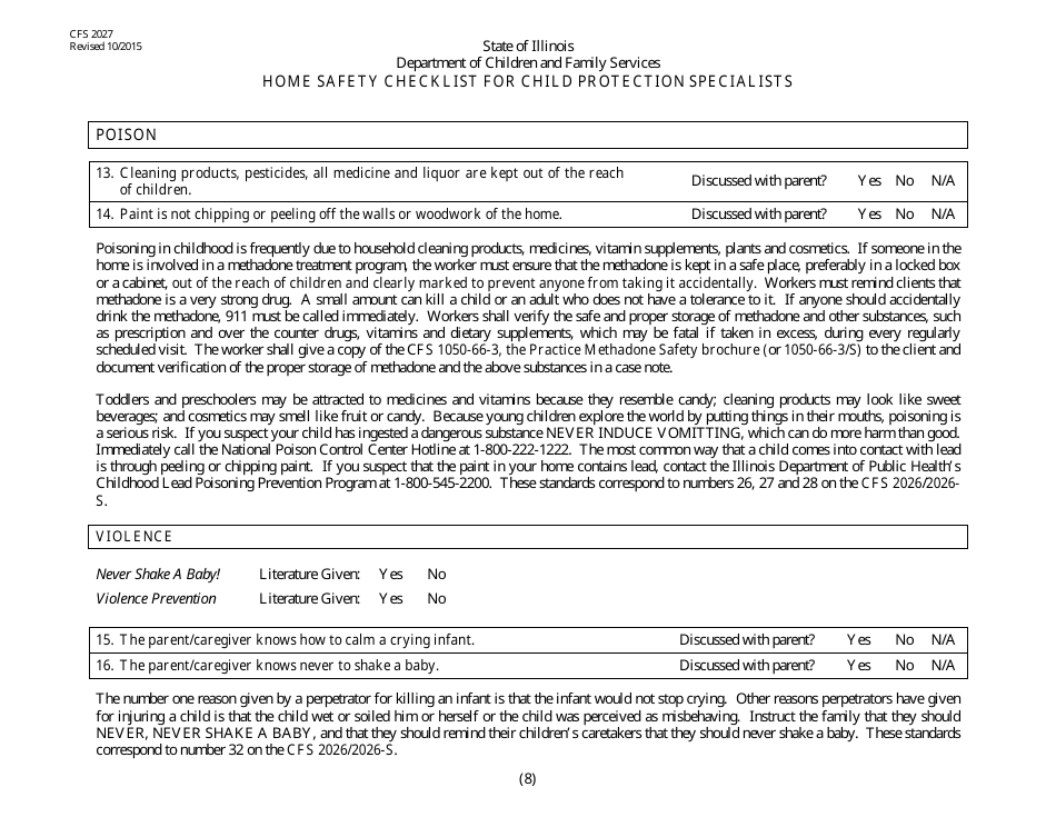 Form CFS2027 Home Safety Checklist for Child Protection Specialists - Illinois, Page 8