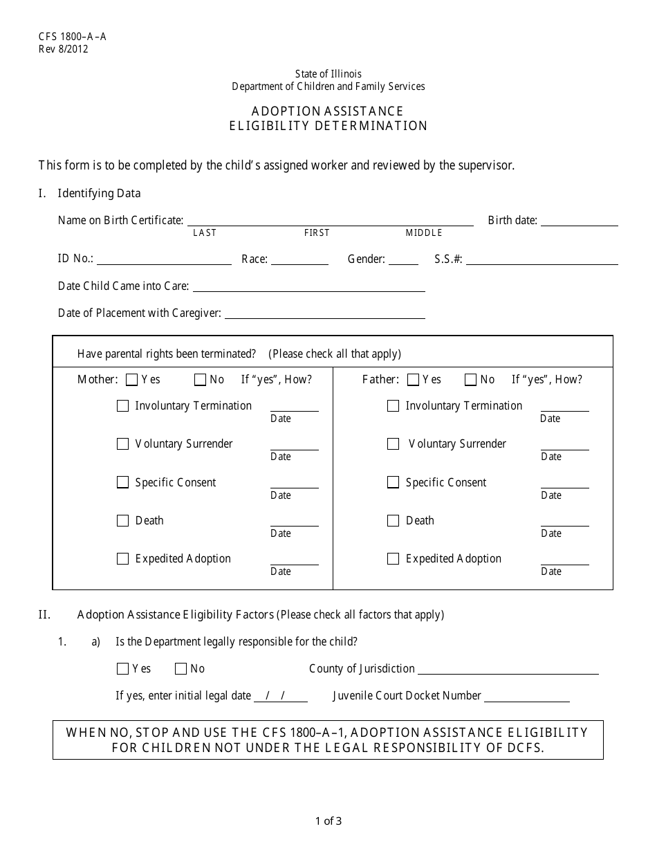 Form CFS1800-A-A Adoption Assistance Eligibility Determination - Illinois, Page 1