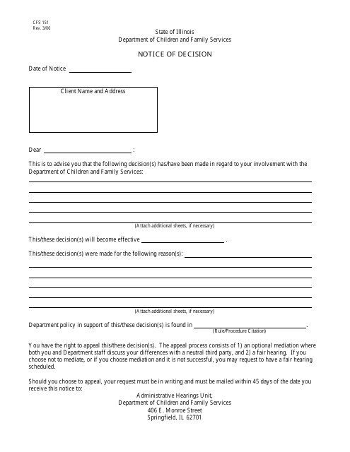 Form CFS151  Printable Pdf