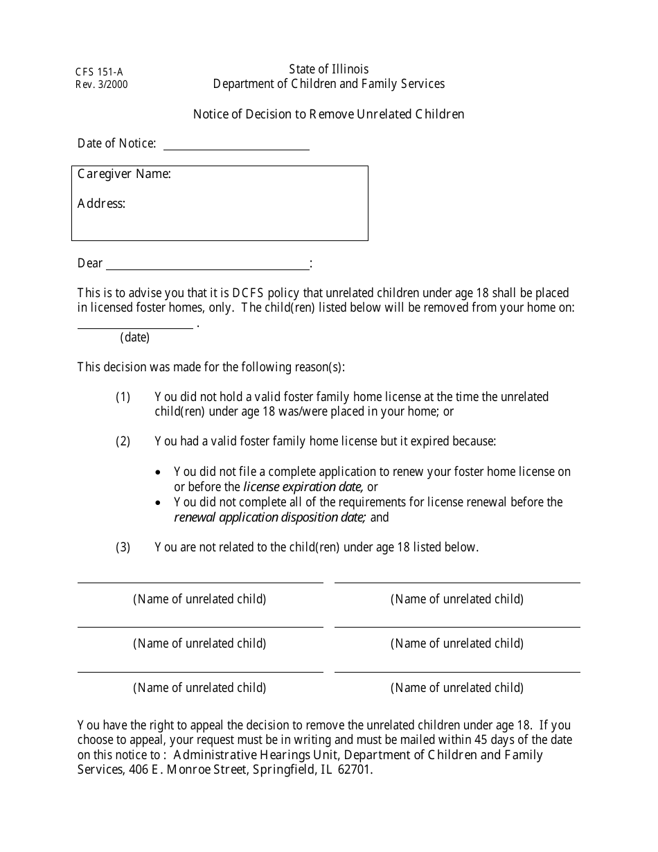 Form CFS151-A Notice of Decision to Remove Unrelated Children - Illinois, Page 1