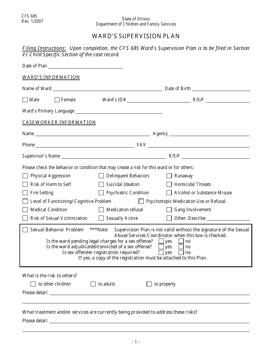 Form CFS685 Wards Supervision Plan - Illinois, Page 1