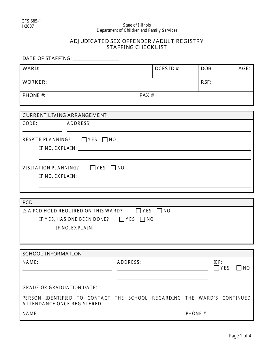 Form CFS685-1 Adjudicated Sex Offender / Adult Registry Staffing Checklist - Illinois, Page 1