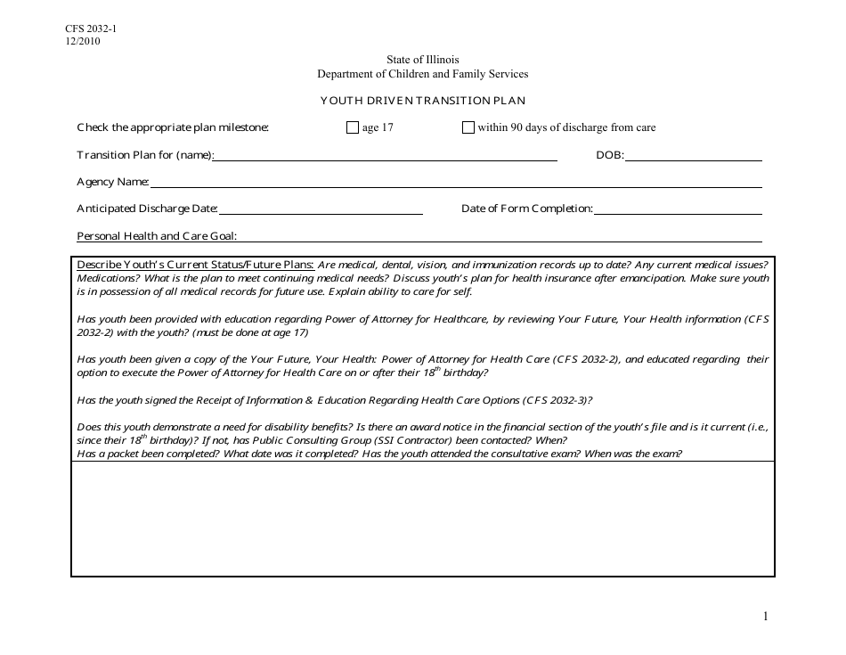 Form CFS2032-1 Youth Driven Transition Plan - Illinois, Page 1