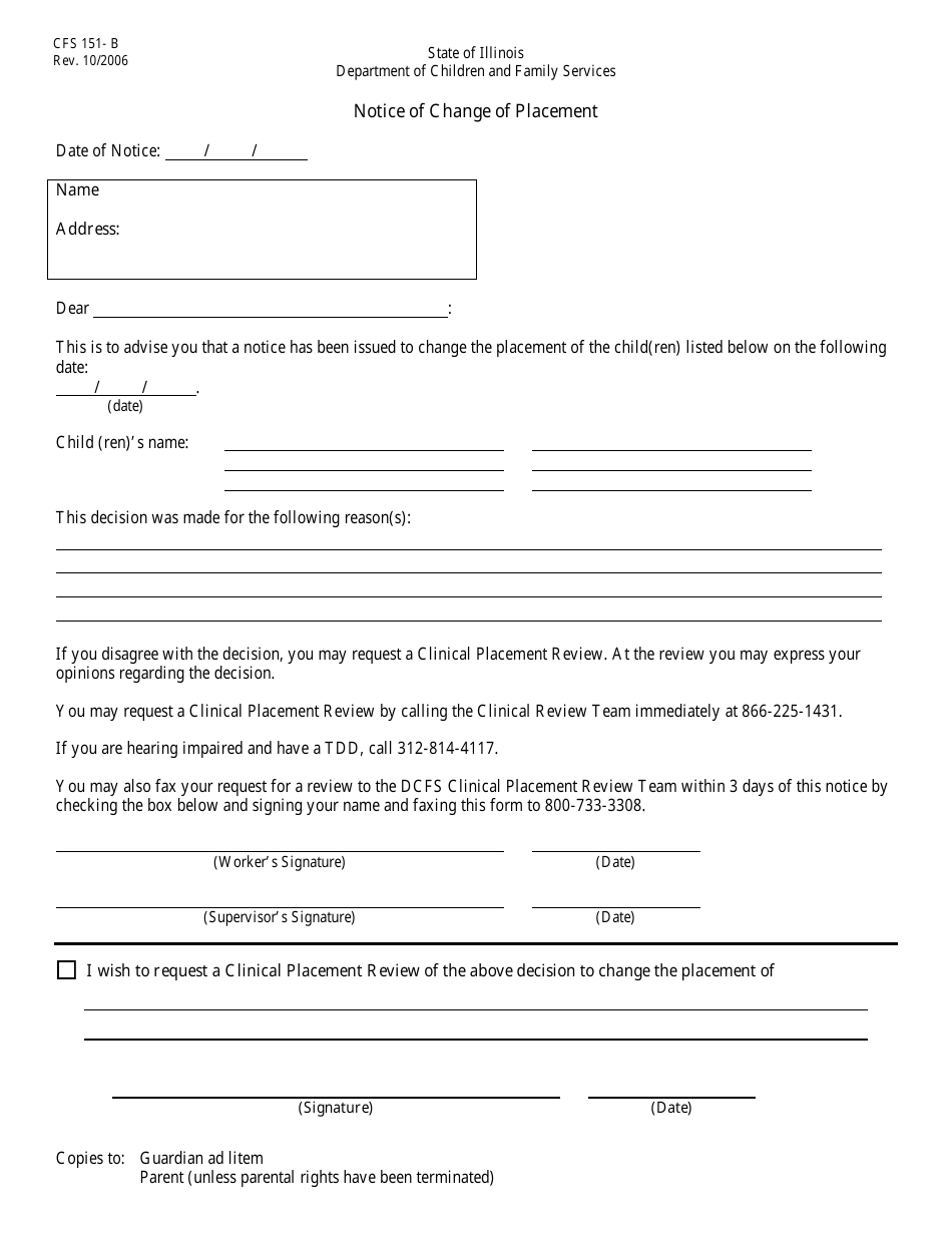 Form CFS151-B Notice of Change of Placement - Illinois, Page 1