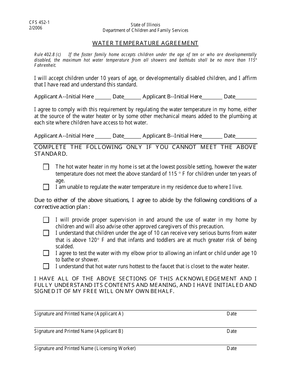 Form CFS452-1 Water Temperature Agreement - Illinois, Page 1
