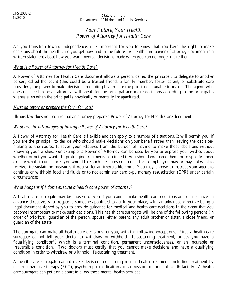 Form CFS2032-2 Power of Attorney for Health Care - Illinois, Page 1