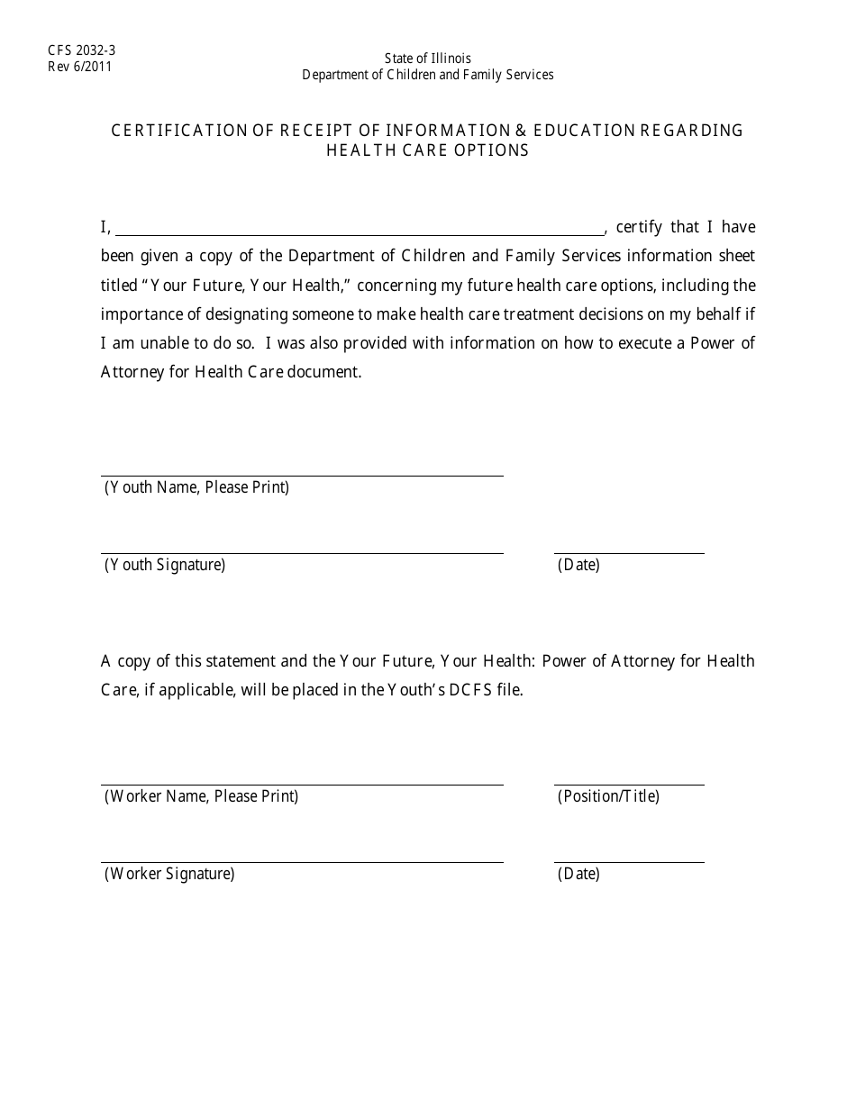 Form CFS2032-3 Certification of Receipt of Information  Education Regarding Health Care Options - Illinois, Page 1