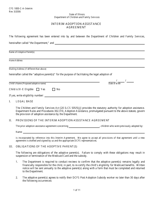 Form CFS1800-C-A-INTERIM Interim Adoption Assistance Agreement - Illinois