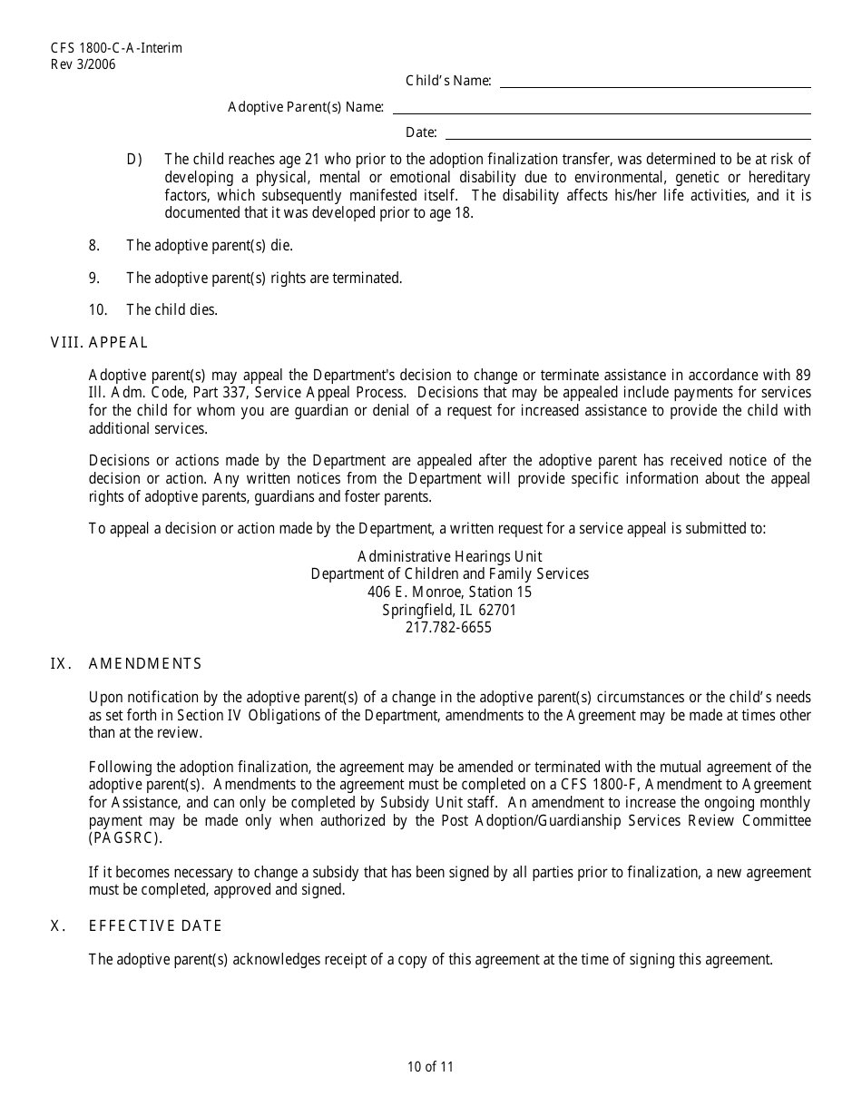 Form CFS1800-C-A-INTERIM Interim Adoption Assistance Agreement - Illinois, Page 10