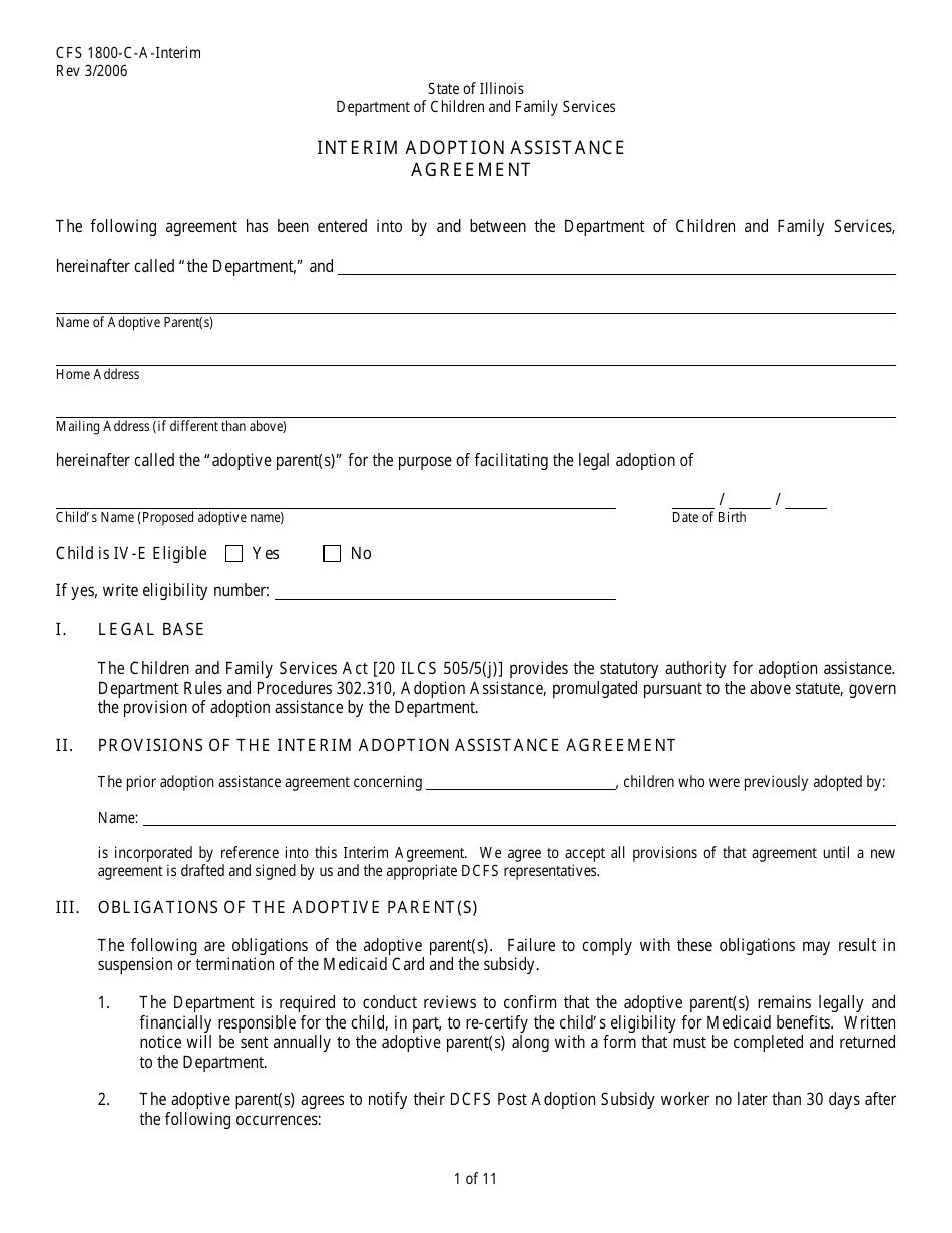 Form CFS1800-C-A-INTERIM Interim Adoption Assistance Agreement - Illinois, Page 1