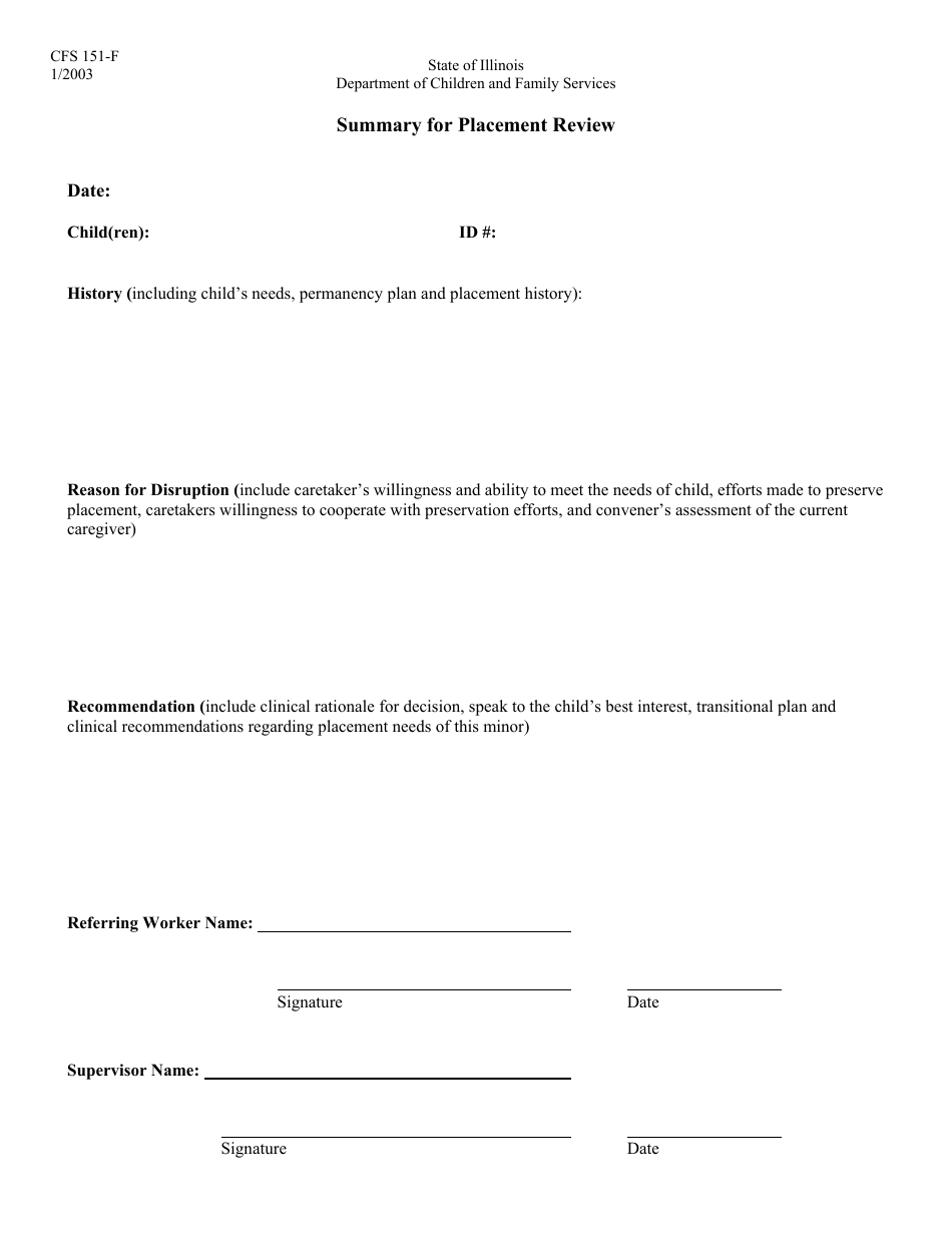 Form CFS151-F Summary for Placement Review - Illinois, Page 1
