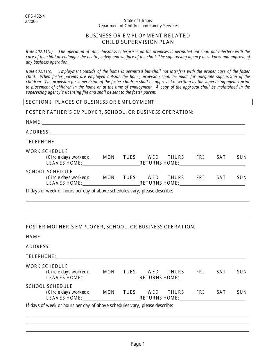 Form CFS452-4 Business or Employment Related Child Supervision Plan - Illinois, Page 1