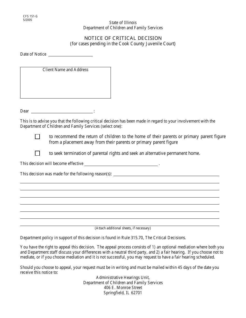 Form CFS151-G Notice of Critical Decision - Illinois, Page 1