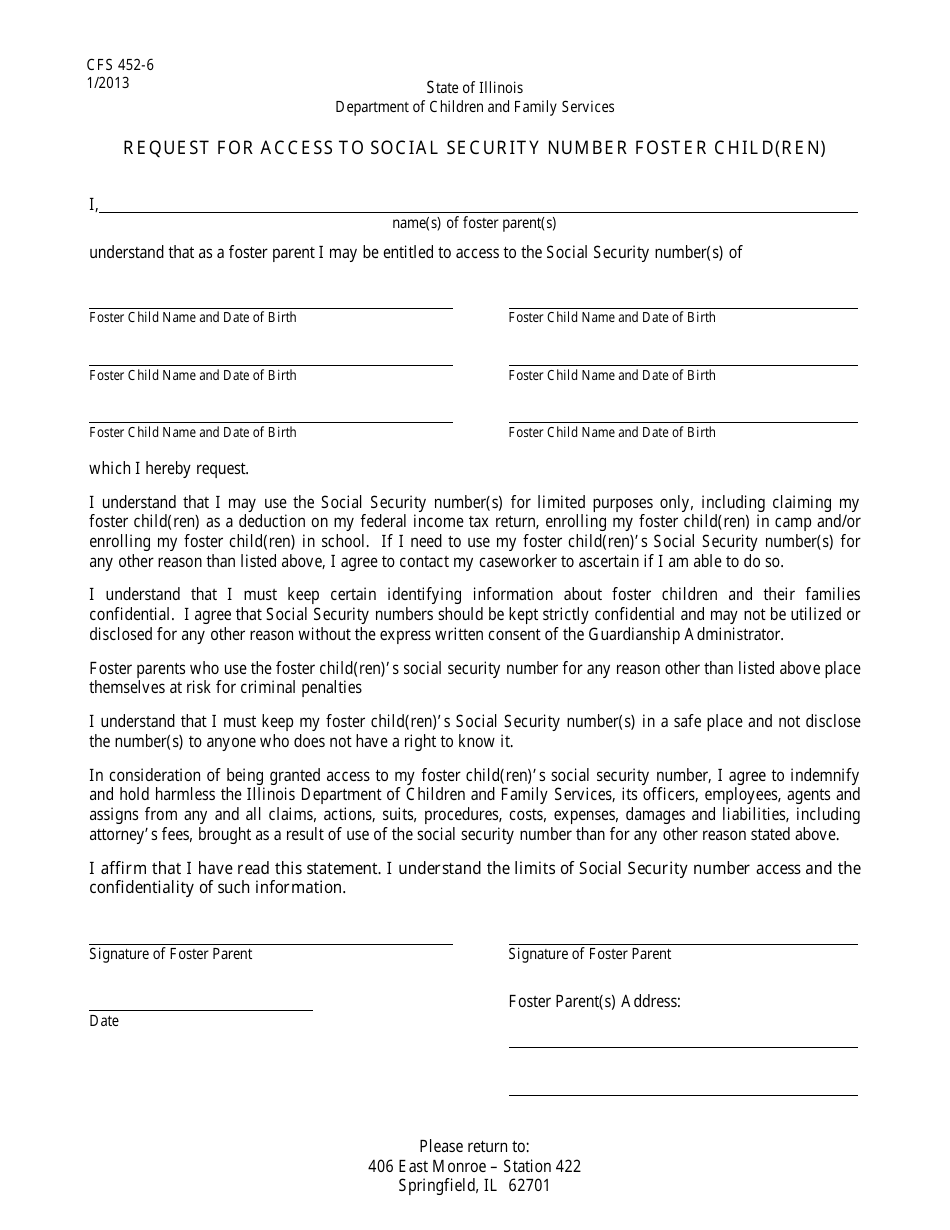 Form CFS452-6 Request for Access to Social Security Number Foster Child(Ren) - Illinois, Page 1