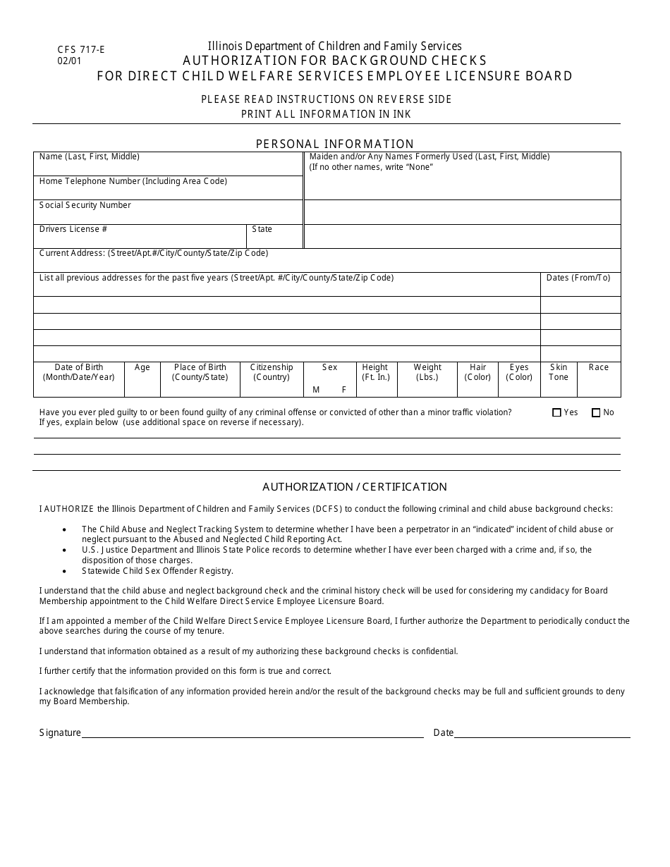 Form CFS717-E Authorization for Background Checks for Direct Child Welfare Services Employee Licensure Board - Illinois, Page 1
