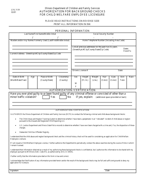 Form CFS717-F Authorization for Background Checks for Child Welfare Employee Licensure - Illinois