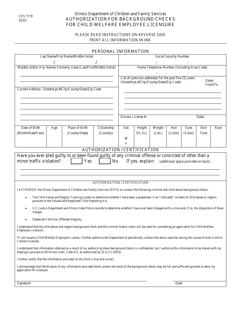 Form CFS717-F Authorization for Background Checks for Child Welfare Employee Licensure - Illinois, Page 1