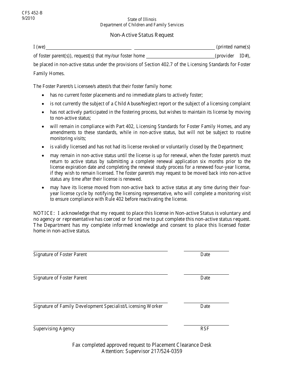 Form CFS452-B Non-active Status Request - Illinois, Page 1
