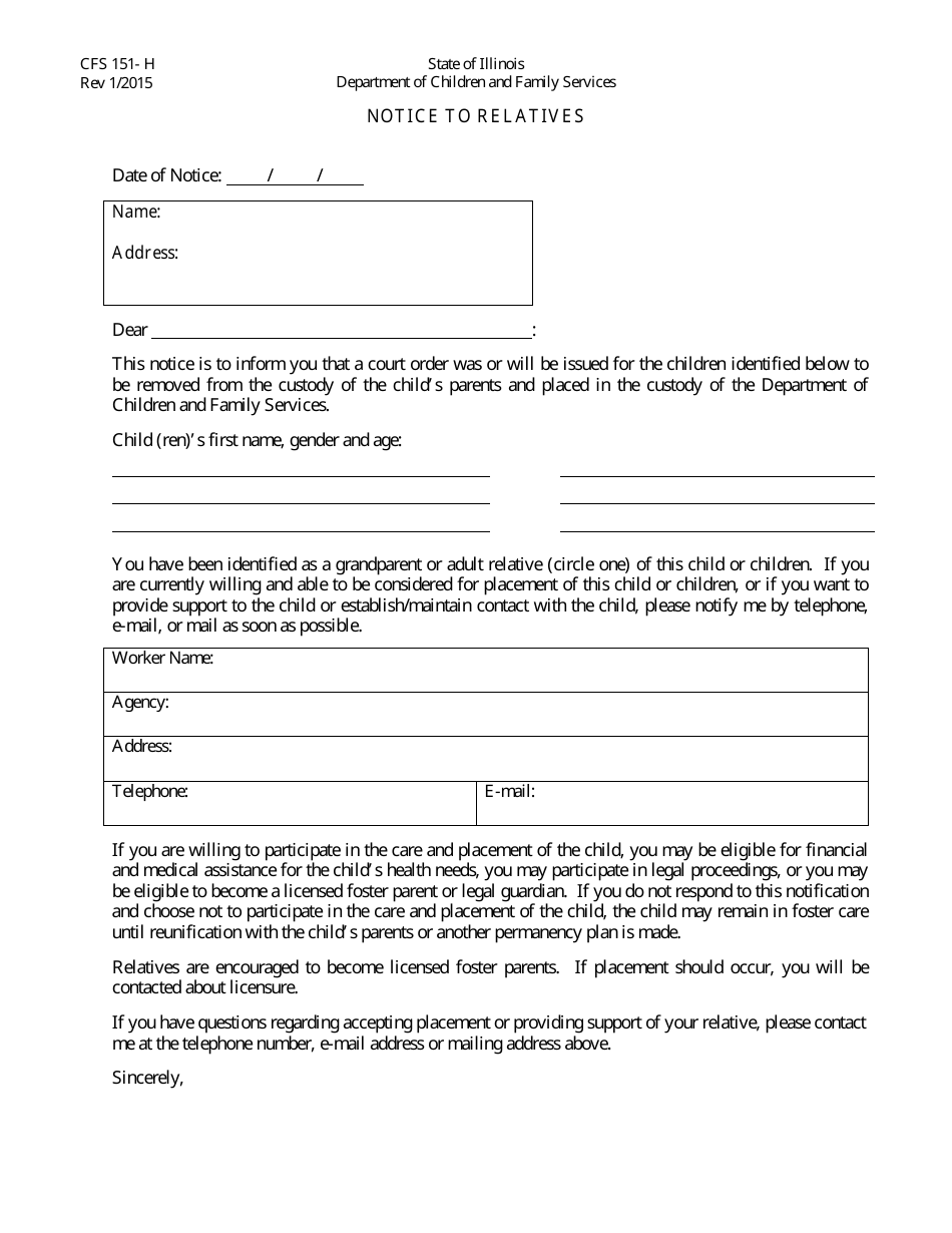 Form CFS151-H Notice to Relatives of Child Entering Substitute Care - Illinois, Page 1