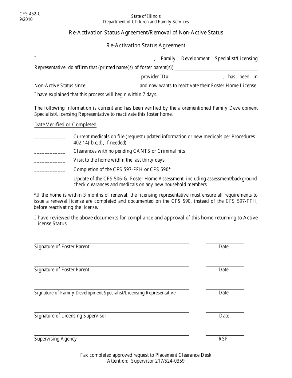Form CFS452-C Re-activation Status Agreement/Removal of Non-active Status - Illinois, Page 1