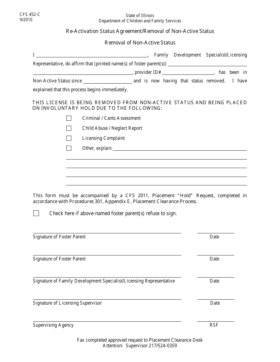 Form CFS452-C Re-activation Status Agreement / Removal of Non-active Status - Illinois, Page 2