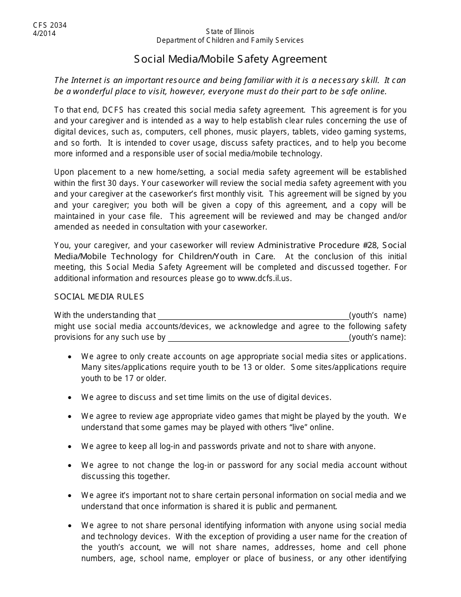 Form CFS2034 Social Media / Mobile Safety Agreement - Illinois, Page 1
