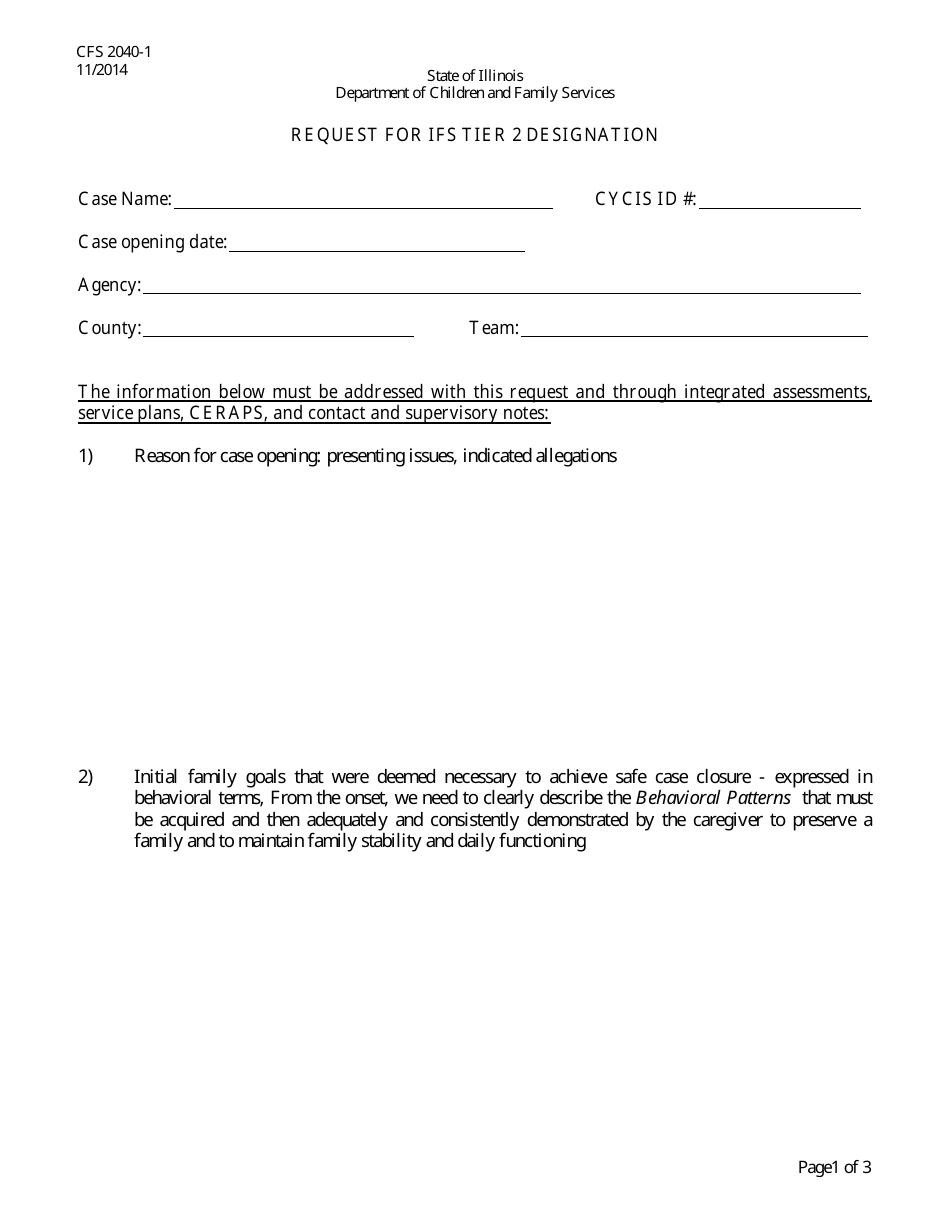 Form CFS2040-1 Request for Ifs Tier 2 Designation - Illinois, Page 1