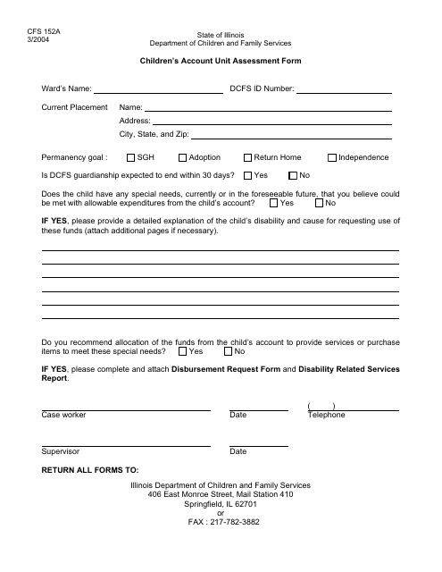 Form CFS152A Children's Account Unit Assessment Form - Illinois