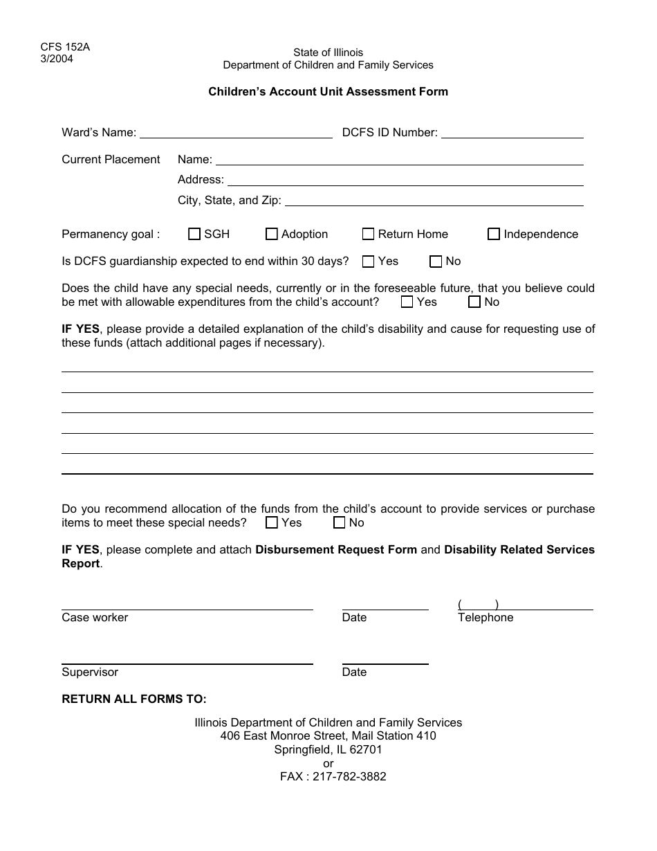 Form CFS152A Childrens Account Unit Assessment Form - Illinois, Page 1