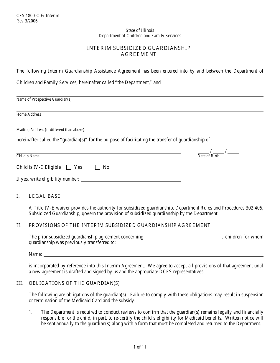 Form CFS1800-C-G-INTERIM Interim Subsidized Guardianship Agreement - Illinois, Page 1