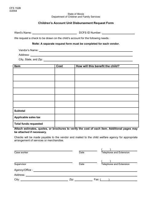 Form CFS152B Children's Account Unit Disbursement Request Form - Illinois