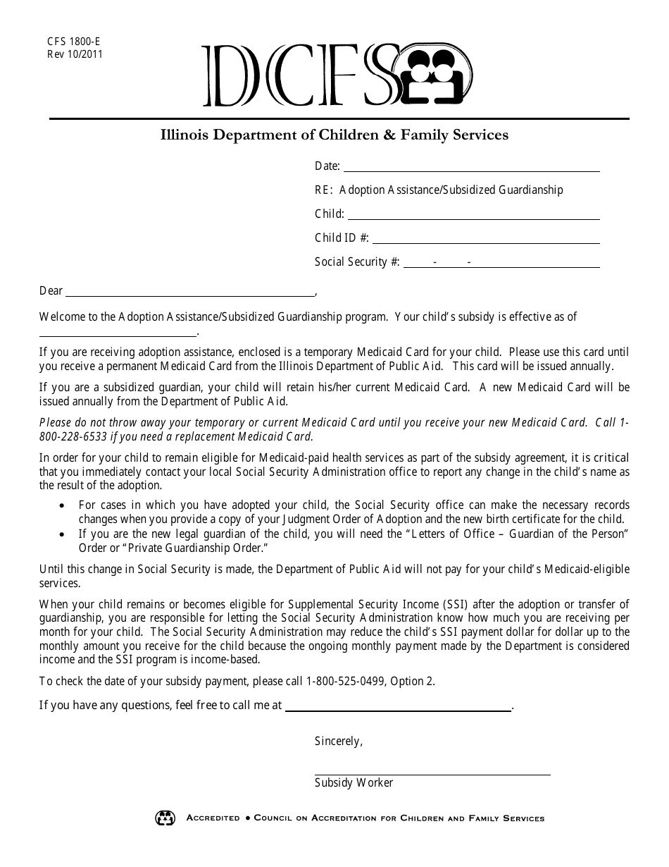 Form CFS1800-E Welcome Letter - Illinois, Page 1