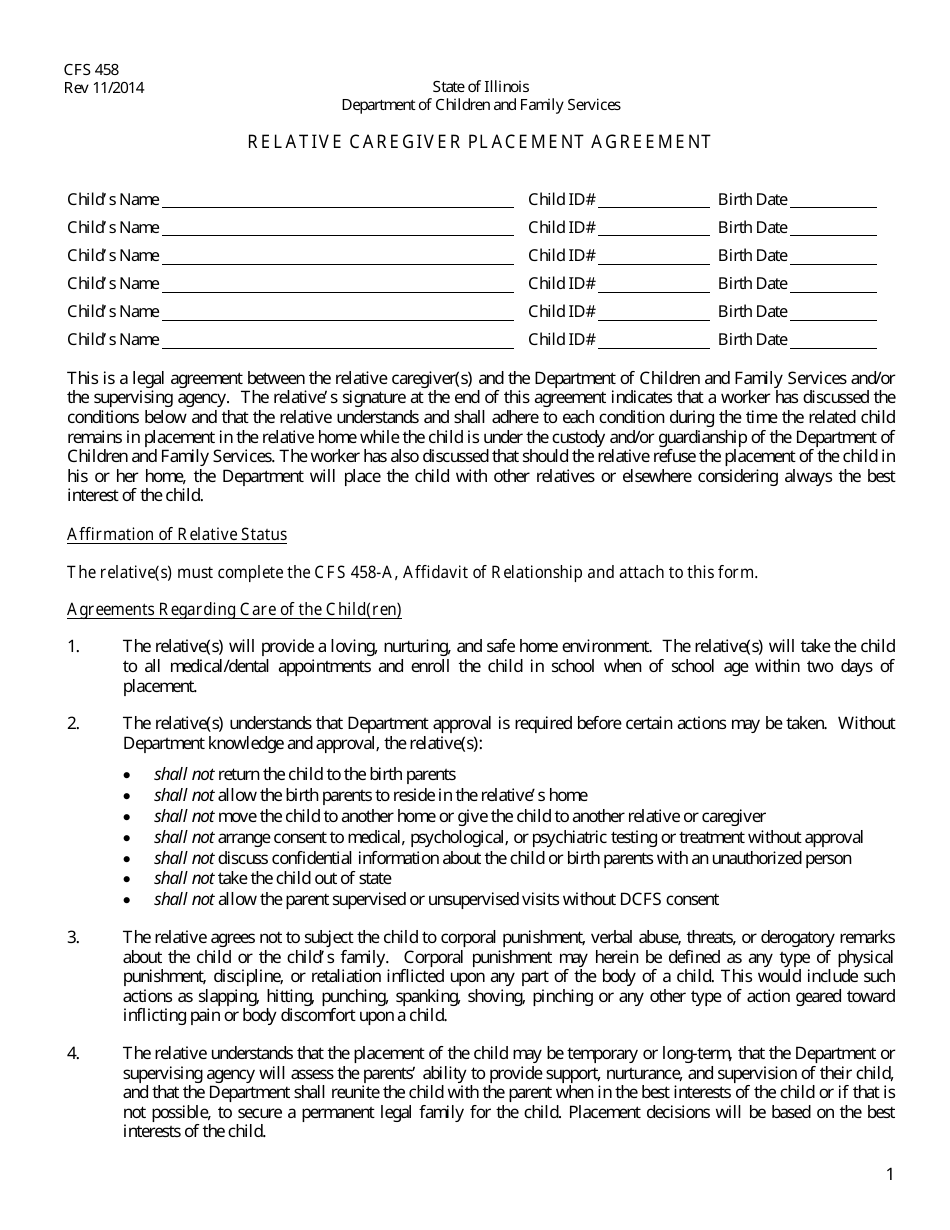 Form CFS458 Relative Caregiver Placement Agreement - Illinois, Page 1