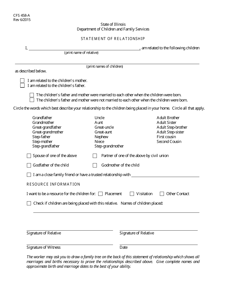 Form CFS458-A Statement of Relationship - Illinois, Page 1