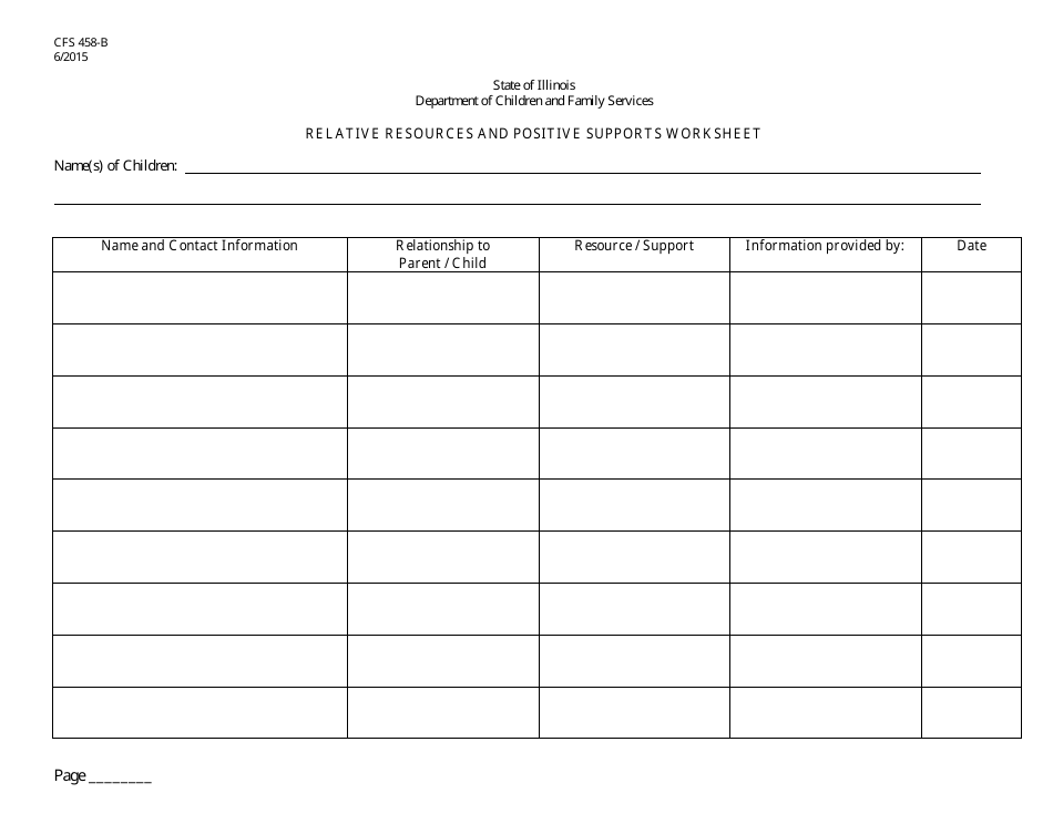 Form CFS458-B Relative Resource and Positive Supports Worksheet - Illinois, Page 1