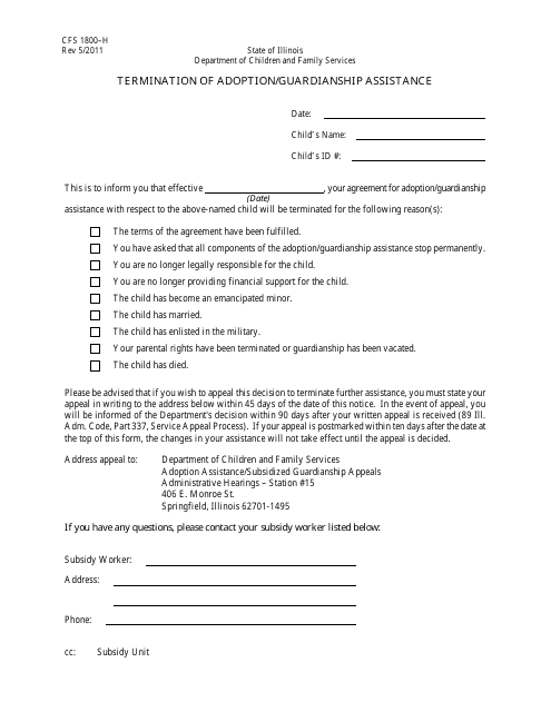 Form CFS1800-H Termination of Adoption/Guardianship Assistance - Illinois