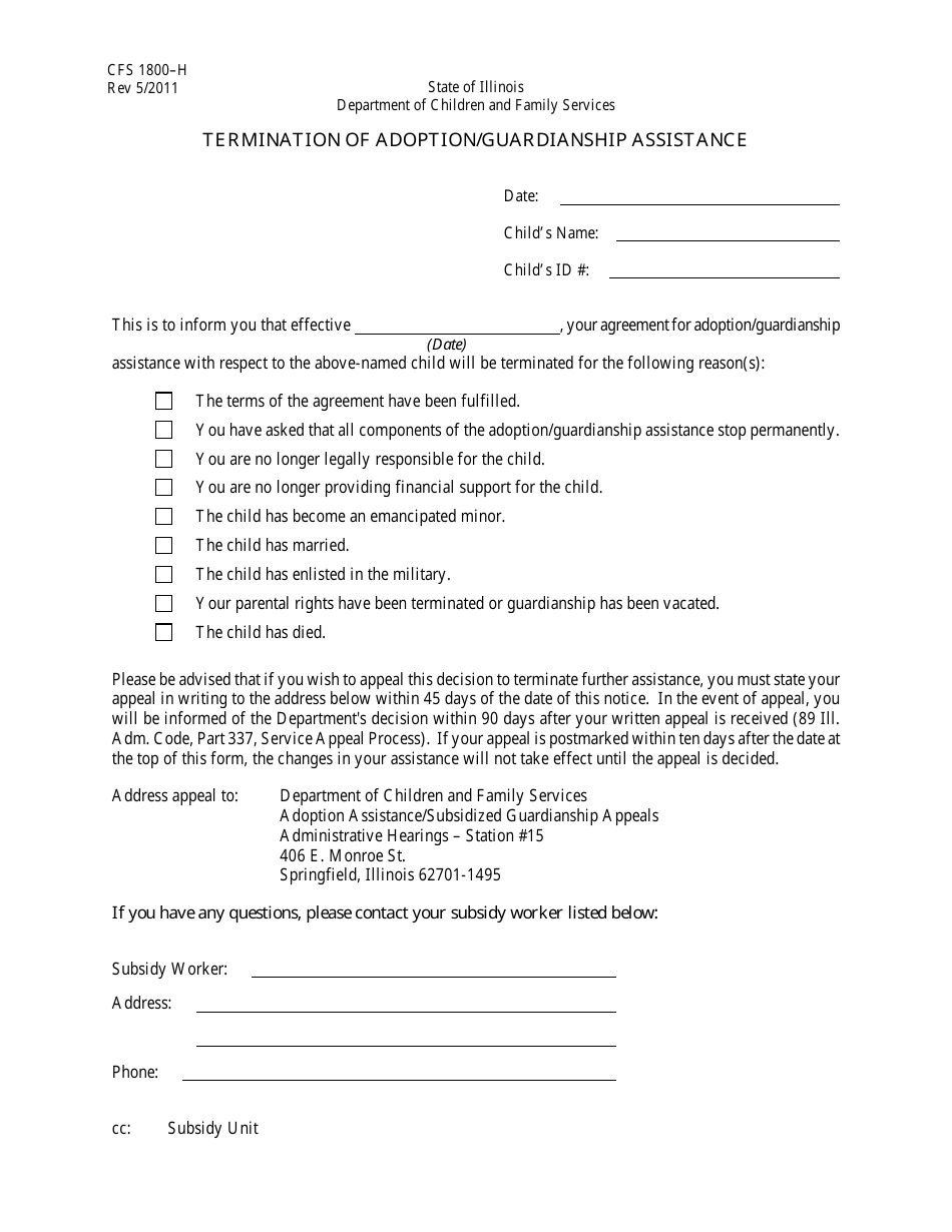 Form CFS1800-H Termination of Adoption / Guardianship Assistance - Illinois, Page 1