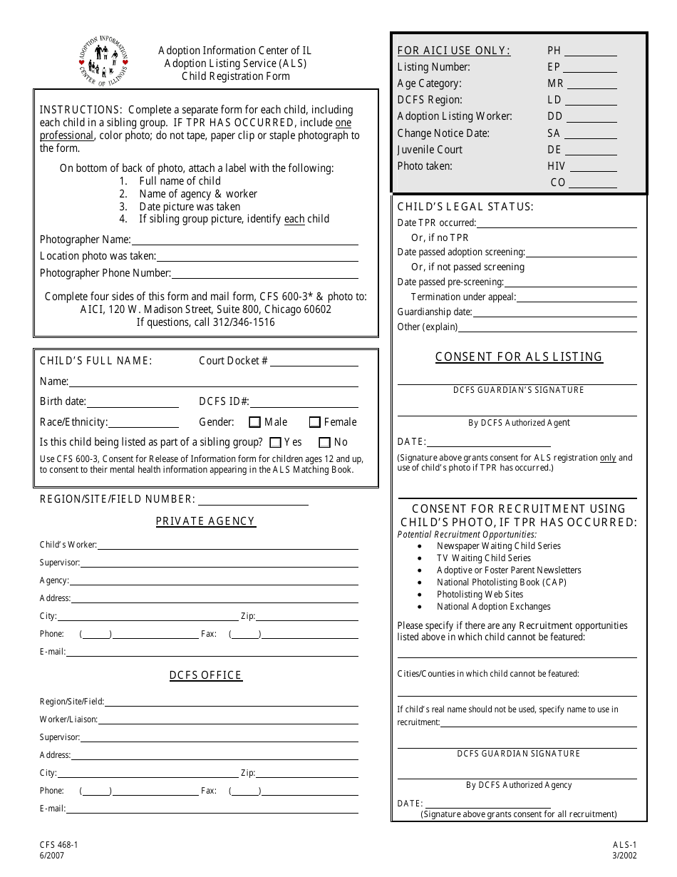 Form CFS468-1 Adoption Listing Service (Als) Child Registration Form - Illinois, Page 1