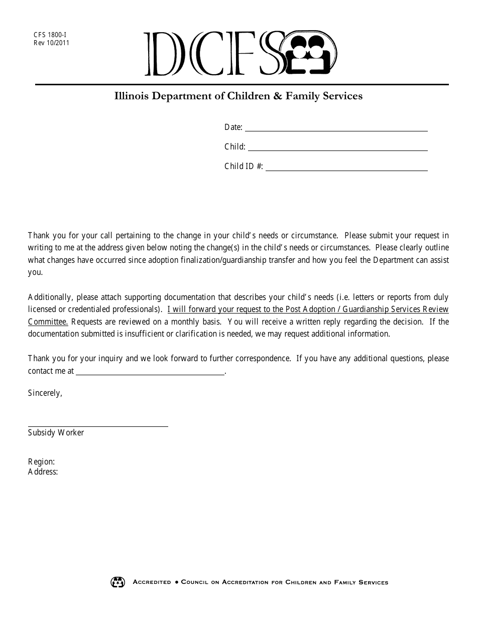 Form CFS1800-I Follow-Up Letter to Telephone Call Re Change in Childs Needs - Illinois, Page 1