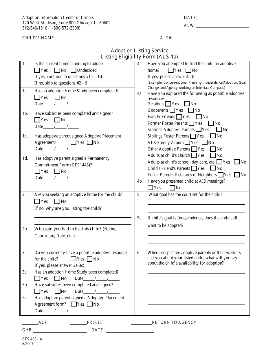 Form CFS468-1A Adoption Listing Service Listing Eligibility Form - Illinois, Page 1