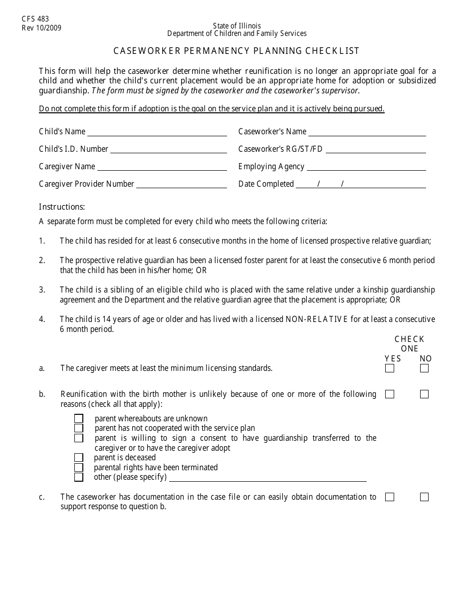 Form CFS483 Caseworker Permanency Planning Checklist - Illinois, Page 1