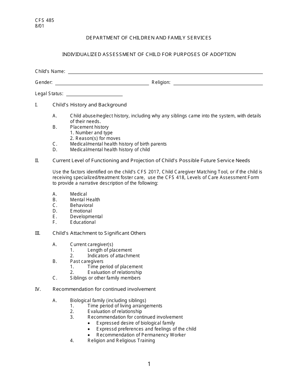Form CFS485 Individualized Assessment of Child for Purposes of Adoption - Illinois, Page 1