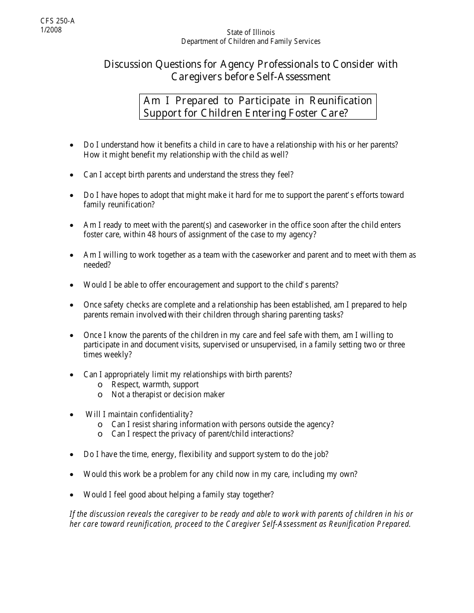Form CFS-250-A Discussion Questions to Consider With Caregivers Before Self-assessment - Illinois, Page 1