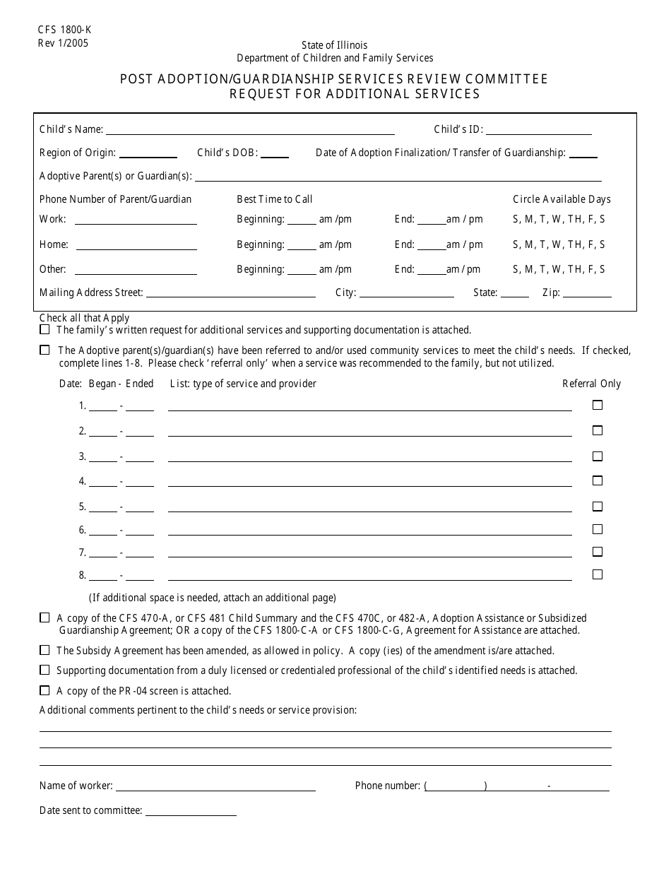 Form CFS1800-K Post Adoption / Guardianship Services Review Committee Request for Additional Services - Illinois, Page 1