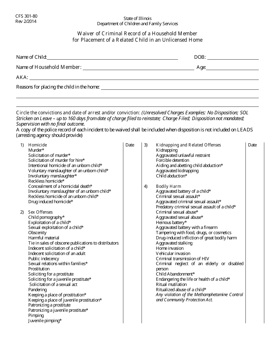 Form CFS301-80 Waiver of Criminal Record of a Household Member for Placement of a Related Child in an Unlicensed Home - Illinois, Page 1