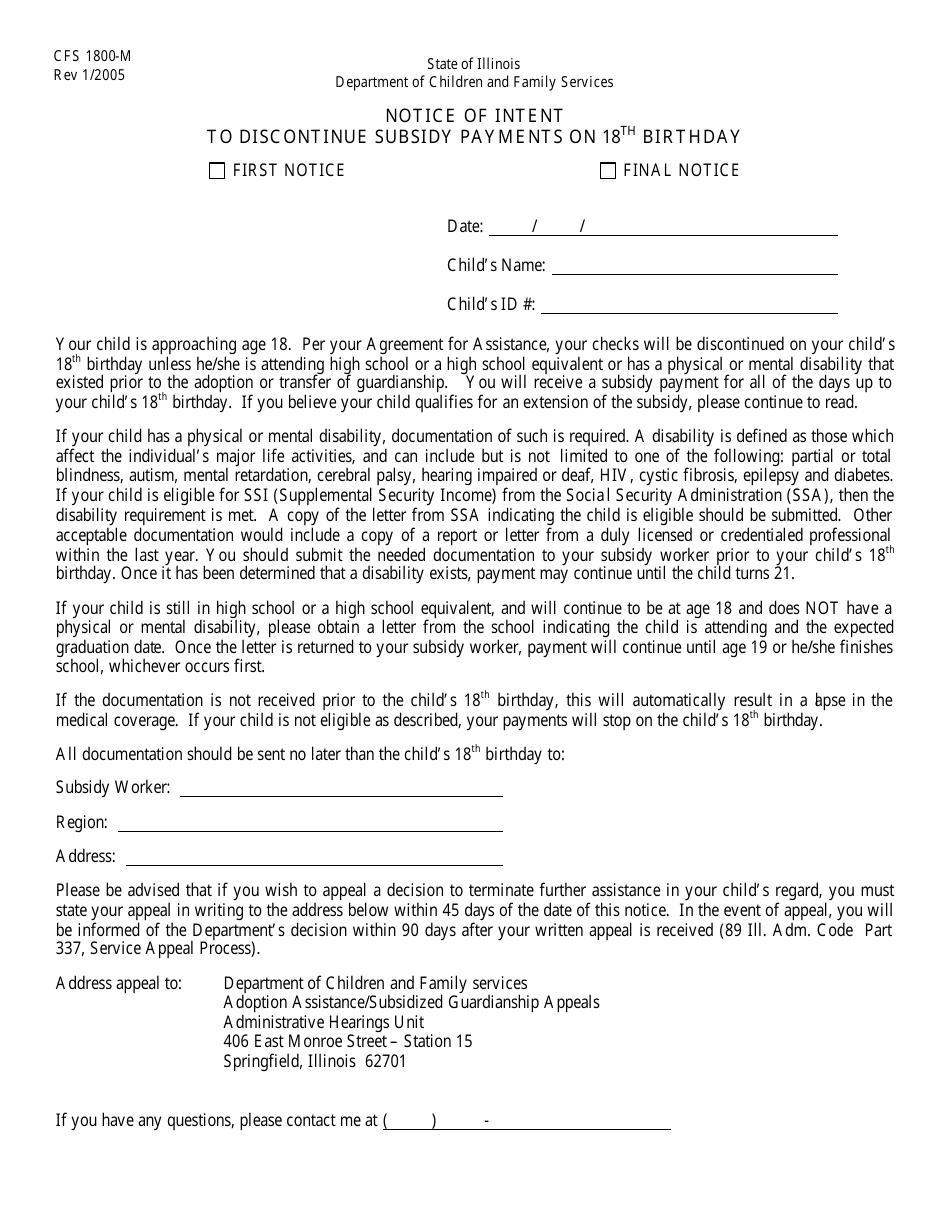 Form CFS1800-M Notice of Intent to Discontinue Subsidy Payments on 18th Birthday - Illinois, Page 1